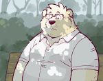  anthro bench bust_portrait clothed clothing day eyewear front_view garouzuki glasses hi_res ken_(garouzuki) male mammal on_bench outside overweight park pince-nez plant portrait shirt toony topwear ursid 