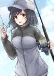  1girl alternate_costume black_hair blue_sky blush breasts cloud eyebrows_visible_through_hair fishing_rod grey_jacket hair_ornament hat jacket jewelry kantai_collection large_breasts looking_at_viewer open_mouth peaked_cap red_eyes ring shohei_(piranha5hk) short_hair sky solo wedding_ring yamashiro_(kantai_collection) 