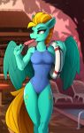  2019 5_fingers anthro areola blonde_hair breasts buoy clothed clothing cutie_mark digital_media_(artwork) equid equine feathered_wings feathers female food friendship_is_magic hair hi_res licking lightning_dust_(mlp) mammal my_little_pony nipples one-piece_swimsuit open_mouth popsicle pterippus smile solo standing swimwear thin_waist tongue tongue_out translucent translucent_clothing wings yakovlev-vad yellow_eyes 