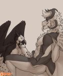  anthro avian bird dragon duo erection fellatio gorath hi_res humanoid_penis hybrid male male/male monochrome muscular muscular_male nude oral penile penis sex smile tongue tongue_in_foreskin tongue_out uncut vein veiny_penis 
