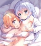  2girls amedamacon bangs bed_sheet blue_eyes blue_hair blush breasts brown_hair cellphone censored chestnut_mouth commentary_request eyebrows_visible_through_hair girl_on_top gochuumon_wa_usagi_desu_ka? hair_between_eyes heart heart_censor holding holding_cellphone holding_phone hood hood_down hooded_jacket hoto_cocoa jacket kafuu_chino long_hair long_sleeves lying medium_breasts multiple_girls naked_coat navel nipple_censor on_back open_clothes open_jacket open_mouth out-of-frame_censoring parted_lips phone purple_eyes small_breasts striped_jacket very_long_hair white_jacket yuri 