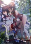  2girls artist_name bare_shoulders black_legwear black_panties blush bow breasts brown_hair chair china_dress chinese_clothes cleavage closed_mouth covered_navel dress eyebrows_visible_through_hair eyeshadow flower frilled_sleeves frills garter_straps girls_frontline hair_flower hair_ornament hair_ribbon hand_on_breast haneru high_collar lace lace-trimmed_legwear large_breasts long_hair makeup mole mole_under_eye multiple_girls open_mouth panties pelvic_curtain qbz-95_(girls_frontline) qbz-97_(girls_frontline) ribbon rope shibari shoes side-tie_panties side_slit sitting skindentation small_breasts standing sunlight thighhighs thighs tied_hair torn_clothes torn_dress underwear white_legwear wide_sleeves yellow_eyes 