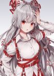  1girl arm_up bangs belt bow breasts collarbone commentary_request dtvisu eyebrows_visible_through_hair fujiwara_no_mokou grey_background hair_bow hand_on_own_head highres long_hair long_sleeves looking_at_viewer o-ring pants parted_lips red_belt red_eyes red_pants shirt silver_hair simple_background small_breasts solo suspenders touhou upper_body very_long_hair white_bow white_shirt wing_collar 