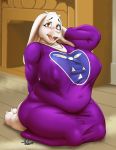  2019 absurd_res anthro belly big_breasts blush boss_monster bovid breasts caprine clothed clothing delta_rune digital_media_(artwork) eyebrows female fireplace fully_clothed fur goat hand_behind_head hi_res horn inside kneeling long_ears looking_at_viewer mammal mature_female milkybody nipple_outline open_mouth orange_eyes overweight overweight_female purple_clothing signature simple_background slightly_chubby solo text thick_thighs three-quarter_view toriel undertale video_games voluptuous white_fur 