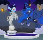  2018 amber_eyes autumn blue_eyes blush book duo equid fan_character female friendship_is_magic horn icaron ice magic mammal my_little_pony petrification princess_luna_(mlp) sculpture snow statue story story_in_description transformation unicorn water_fountain winged_unicorn wings winter 