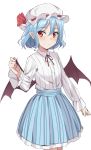  1girl absurdres alternate_costume bangs bat_wings blue_hair blue_skirt blush bow brown_wings closed_mouth collared_shirt commentary_request eyebrows_visible_through_hair frilled_skirt frills hair_between_eyes hand_up hat hat_bow highres kohakope long_sleeves low_wings mob_cap neck_ribbon pleated_skirt pointy_ears red_bow red_eyes red_ribbon remilia_scarlet ribbon shirt short_hair simple_background skirt smile solo striped touhou vertical-striped_skirt vertical_stripes white_background white_headwear white_shirt wings 