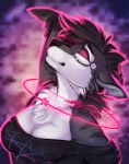  2019 absurd_res anthro black_fur black_hair breasts canid canine clothed clothing digital_media_(artwork) female fur hair hi_res mammal pink_eyes sharfluffz shariea smile solo standing 