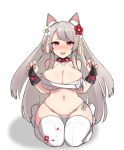  1girl animal_ear_fluff animal_ears azur_lane bangs blush breasts budget_sarashi cleavage collar commentary eyebrows_visible_through_hair flower full-face_blush gloves grey_hair hair_flower hair_ornament heart_collar kumasteam large_breasts long_hair looking_at_viewer navel panties red_collar red_eyes sarashi seiza side-tie_panties simple_background sitting solo string_panties thick_eyebrows thighhighs underwear very_long_hair white_background white_panties wide_hips yuudachi_(azur_lane) 