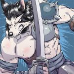  1:1 abs ain_macdougal angry anthro armor biceps black_fur black_nose blue_background breastplate canid canine canis clenched_teeth clothing ear_tuft feda:_the_emblem_of_justice fur gloves half-length_portrait hi_res male mammal melee_weapon muscular muscular_male nipples pecs portrait shoulder_guards simple_background sunspotfish sweat sword teeth tuft weapon white_fur wolf 