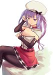  1girl ajax_(azur_lane) arm_up azur_lane bangs beret black_bow black_legwear blush bow breasts capelet commentary_request culter detached_sleeves feet_out_of_frame hat hat_bow highres long_hair looking_at_viewer miniskirt nipples pantyhose purple_eyes purple_hair red_skirt shadow sidelocks simple_background sitting skirt small_breasts smile solo strapless thighs tubetop two_side_up white_background white_capelet white_headwear 