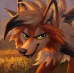  2019 ambiguous_gender canid canine dusk_lycanroc feral fur grass green_eyes inner_ear_fluff kenket looking_at_viewer lycanroc mammal mountain nintendo open_mouth orange_fur outside pok&eacute;mon pok&eacute;mon_(species) smile solo video_games white_fur 