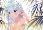  1girl bangs blue_eyes blue_hair blurry blurry_background blurry_foreground blush breasts cleavage collarbone commentary_request day depth_of_field eyebrows_visible_through_hair gyozanuko hair_between_eyes hand_up highres long_hair looking_at_viewer medium_breasts nude original parted_lips solo sunlight upper_body very_long_hair water 