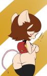  ! anthro backpack big_breasts blush breast_expansion breasts brown_hair butt clothing eyewear female glasses hair hi_res legwear mammal mostly_nude mouse murid murine nipples o_o open_mouth randoseru red_(vono) rodent shocked simple_background slightly_chubby solo stockings vono 