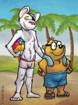  anthro ball beach beach_ball brown_fur clothing cricetid danger_mouse danger_mouse_(series) duo ernest_penfold eye_patch eyewear flip_flops fur glasses hamster hand_on_back hands_on_hips k-9 male mammal mouse murid murine palm_tree rodent seaside shorts smile tree yellow_sclera 