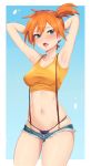  1girl aqua_eyes armpits arms_up bare_arms blush breasts cowboy_shot creatures_(company) denim denim_shorts game_freak half-closed_eyes highres kasumi_(pokemon) midriff navel nintendo open_mouth orange_hair pokemon pokemon_(anime) risenegi shirt short_ponytail short_shorts shorts sleeveless sleeveless_shirt small_breasts solo string_panties suspenders sweat tank_top tongue tongue_out yellow_shirt 