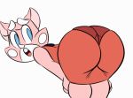  2019 animated anthro blue_eyes butt clothed clothing digital_media_(artwork) domestic_cat felid feline felis female fur isolatedartest_(artist) leaning leaning_forward looking_at_viewer looking_back mammal pink_fur rear_view shima_luan simple_background smile solo super_planet_dolan tight_clothing twerking white_background 