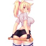  1girl animal_ear_fluff animal_ears ass ass_support baseball_bat blonde_hair breasts cat_ears commentary denim denim_shorts english_commentary eyebrows_visible_through_hair fast-runner-2024 fingerless_gloves gloves highres large_breasts long_hair looking_at_viewer original patreon_username ponytail red_eyes scrunchie shirt short_shorts short_sleeves shorts simple_background slit_pupils smile solo striped striped_legwear striped_shirt thighhighs tiffy tongue tongue_out vertical-striped_shirt vertical_stripes 