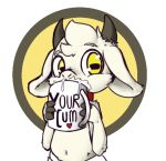  &lt;3 ambiguous_gender anthro bovid briefs caprine clothing collar cum cum_in_mouth cum_inside cup drinking drinking_cum fur goat holding_object horizontal_pupils horn mammal simple_background solo underwear vono white_fur yellow_eyes young 