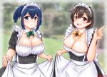  2girls alternate_costume apron black_dress blue_eyes blue_hair breasts brown_eyes brown_hair commentary_request dress enmaided frilled_apron frills hiryuu_(kantai_collection) kantai_collection large_breasts maid maid_apron maid_headdress multiple_girls one_side_up puffy_short_sleeves puffy_sleeves short_hair short_sleeves souryuu_(kantai_collection) twintails uratomomin white_apron 