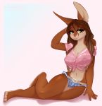  2019 5_fingers anthro barefoot brown_hair clothed clothing digital_media_(artwork) eyelashes female hair hi_res lagomorph leporid mammal rabbit savemekitty smile solo yellow_eyes 