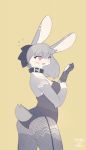  2019 blush breasts bunny_costume butt_pose choker clothing costume countershading cute_fangs digital_media_(artwork) dressing electrycpynk female fishnet fishnet_legwear flying_sweatdrops fur furgonomics gloves gloves_(marking) grey_fur grey_hair hair hair_ribbon hi_res inner_ear_fluff lagomorph legwear leporid long_ears long_hair mammal markings open_mouth pink_eyes rabbit ribbons signature simple_background solo surprise sweat sweatdrop white_countershading 