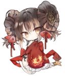  1girl bangs bare_shoulders bow brown_eyes brown_hair chibi china_dress chinese_clothes closed_mouth commentary_request detached_sleeves double_bun dress eyebrows_visible_through_hair frilled_sleeves frills full_body girls_frontline hair_between_eyes hair_bow head_tilt kotatu_(akaki01aoki00) long_sleeves pelvic_curtain qbz-97_(girls_frontline) red_bow red_dress red_sleeves seiza side_bun simple_background sitting sleeveless sleeveless_dress sleeves_past_fingers sleeves_past_wrists smile solo star thighhighs white_background white_legwear 