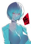  1girl backlighting bangs black_hair blue_hair breasts choker collarbone eyebrows_visible_through_hair eyes_visible_through_hair highres jewelry labcoat large_breasts looking_at_viewer necklace persona persona_5 red_eyes short_hair smile solo takemi_tae tsuki_wani upper_body 