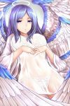  1girl angel_wings blue_eyes blue_hair bra carefree feathered_wings halo highres kamiya_ueshi long_hair long_sleeves multiple_wings open_mouth out_of_frame sariel see-through seraph shirt solo touhou touhou_(pc-98) underwear very_long_hair white_shirt white_wings wings 