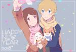  1boy 1girl blonde_hair brown_hair closed_mouth commentary digimon digimon_adventure_tri. maydream patamon phone salamon scarf short_hair smile takaishi_takeru winter_clothes yagami_hikari 