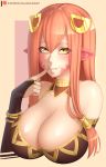  1girl bangs bare_shoulders blacksaikou breasts bridal_gauntlets commentary elbow_gloves english_commentary eyebrows_visible_through_hair eyes_visible_through_hair finger_to_mouth gloves hair_between_eyes hair_ornament hairclip highres large_breasts long_hair mature miia&#039;s_mother mole mole_under_mouth monster_musume_no_iru_nichijou parted_lips patreon_username pointy_ears red_eyes simple_background slit_pupils smile solo upper_body yellow_eyes 