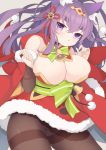  1girl animal_ears azur_lane bare_shoulders bell bell_collar breasts cat_ears christmas cleavage collar detached_sleeves eyebrows_behind_hair gyusukiudon hair_ornament japanese_clothes large_breasts long_hair looking_at_viewer pantyhose purple_eyes purple_hair solo thick_eyebrows urakaze_(azur_lane) 