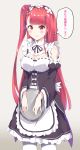  1girl alternate_hair_color apron bare_shoulders blush breasts bushinofuji cleavage commentary_request cosplay detached_collar frills girls_frontline highres large_breasts long_hair maid maid_apron medium_breasts ram_(re:zero) ram_(re:zero)_(cosplay) re:zero_kara_hajimeru_isekai_seikatsu red_eyes red_hair side_ponytail solo standing translation_request tray wa2000_(girls_frontline) 