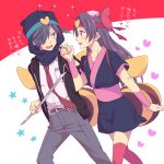  2boys antennae azuma_sara azuma_sara_(cosplay) belt black_hair blue_eyes blue_headwear bow cosplay hair_bow hand_holding headband hood kuji_toi long_hair male_focus multiple_boys necktie pants pink_bow ruler sarazanmai simple_background standing very_long_hair yasaka_kazuki 