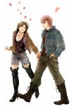  1boy 1girl bat_(hokuto_no_ken) boots brown_hair closed_mouth commentary_request denim eyes_closed hokuto_no_ken jeans jobo_(isi88) lynn pants short_hair shorts simple_background smile white_background 