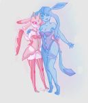  2019 anthro big_breasts blush breast_size_difference breasts clothed clothing creamy_kitty crotchless eeveelution female female/female glaceon grin hi_res legwear lingerie lurantis mammal nintendo one_eye_closed partially_clothed pok&eacute;mon pok&eacute;mon_(species) pussy simple_background small_breasts smile standing striped_legwear stripes thigh_highs tiptoes video_games wink 