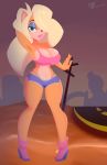  2019 7-light-of-shadows-7 anthro bandicoot bare_shoulders big_breasts black_nose blonde_hair blue_shorts breasts clothed clothing crash_bandicoot_(series) desert detailed_background digital_media_(artwork) eyelashes eyeshadow female footwear fur green_eyes hair half-closed_eyes hand_behind_head hi_res high_heels lipstick long_hair looking_at_viewer makeup mammal marsupial naughty_dog navel orange_fur outside pink_clothing pink_footwear pink_lipstick pink_shoes pink_tank_top pinup pose road shirt shoes sky smile solo sony_corporation sony_interactive_entertainment standing tank_top tawna_bandicoot telephone_pole thong topwear underwear video_games wavy_hair 