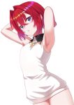  1girl ange_katrina armpits arms_up blue_eyes blush commentary from_below hair_intakes looking_at_viewer mizunashi_hayate nijisanji parted_lips red_hair shirt short_hair simple_background sleeveless solo standing thighs virtual_youtuber white_background white_shirt 