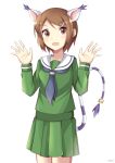  1girl breasts brown_eyes brown_hair commentary_request digimon digimon_adventure digimon_adventure_tri. hair_ornament hairclip highres looking_at_viewer open_mouth rizalx school_uniform short_hair simple_background smile solo white_background yagami_hikari 