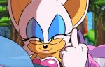  anthro bat breastplate car driving edit eyelashes green_eyes lipstick middle_finger pointy_ears rouge_the_bat sega shaded_face smile smug sonic_(series) speed_lines team_sonic_racing tree white_fur white_hair windshield 