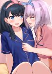  2girls bangs black_hair blue_eyes blue_hairband blue_pajamas blush breasts buttons cccpo cleavage commentary_request eyebrows_visible_through_hair hair_between_eyes hairband highres large_breasts lavender_hair long_hair medium_breasts multiple_girls open_mouth pajamas pink_hairband pink_pajamas red_eyes shinjou_akane short_hair short_sleeves sitting smile ssss.gridman takarada_rikka yuri 