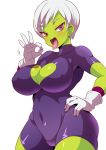  1girl bodysuit breasts cheelai chirai cleavage cleavage_cutout covered_navel dragon_ball dragon_ball_super dragonball_z gloves green_skin heart_cutout highres konno_tohiro large_breasts pink_eyes solo tongue tongue_out white_hair 