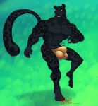  2019 4_toes 5_fingers abs anthro balls biceps black_fur black_nose black_skin bulge clothed clothing felid fur green_background hungothenomster leopard leopard_spots looking_aside male mammal melanistic muscular muscular_male muscular_thighs nipples orange_eyes pantherine pecs penis_outline simple_background solo spots standing teeth tight_underwear toes topless underwear yellow_sclera 