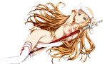  1girl absurdres arm_at_side arm_on_head armpits arms_up asuna_(sao) bangs boots breasts brown_eyes brown_hair edited highres holding holding_sword holding_weapon long_hair long_sleeves looking_at_viewer lying medium_breasts navel nipples nude on_back open_mouth pussy solo sword sword_art_online thigh_boots thighhighs third-party_edit weapon 