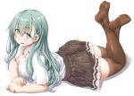 1girl aqua_eyes aqua_hair arm_support ass blush breast_press breasts brown_legwear brown_skirt cleavage dd_(ijigendd) eyebrows_visible_through_hair hair_between_eyes hair_ornament hairclip highres kantai_collection legs_crossed long_hair looking_at_viewer lying medium_breasts on_stomach open_mouth pleated_skirt school_uniform shadow shirt short_sleeves skirt smile solo suzuya_(kantai_collection) thighhighs white_shirt 