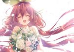  1girl blush bouquet eyes_closed flower granblue_fantasy leaf low_twintails mizuno_(suisuiw) petals pink_hair smile twintails white_background yggdrasil_(granblue_fantasy) 