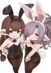  2girls angry animal_ears braid breasts brown_eyes brown_hair bunny_ears bunny_tail bunnysuit detached_collar earrings embarrassed feff672166 granblue_fantasy haaselila hair_over_one_eye harvin highres hoop_earrings jewelry multiple_girls nio_(granblue_fantasy) pantyhose pointy_ears ponytail purple_eyes purple_hair small_breasts tail white_background 