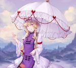  1girl alternate_hairstyle aoshi-shi armband artist_name blonde_hair blush bow breasts cloud cloudy_sky dated dress fingernails flame_print fog forest frilled_umbrella grin hair_between_eyes hair_bow hair_up hand_up hat hat_ribbon head_tilt highres holding holding_umbrella lake long_sleeves looking_at_viewer medium_breasts mob_cap mountainous_horizon nail_polish nature puffy_long_sleeves puffy_sleeves purple_eyes purple_nails purple_sky reflective_eyes ribbon ribbon_trim shiny shiny_hair short_hair short_hair_with_long_locks sidelocks sky smile solo standing tabard touhou twilight umbrella white_dress white_headwear white_umbrella wide_sleeves yakumo_yukari 