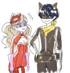  1boy 1girl bandanna blonde_hair boots catsuit cleavage_cutout commentary confused english_commentary gimmie20dollas gloves hand_on_hip highres looking_at_another mask mask_on_head morgana_(persona_5) persona persona_5 persona_5_the_royal shaded_face simple_background smile takamaki_anne thigh_boots thighhighs twintails white_background white_gloves 