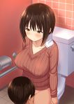  1boy 1girl bangs blush bottomless breasts brown_eyes brown_hair brown_sweater collarbone cunnilingus erect_nipples face_mask highres hiyori_hamster hypnosis large_breasts looking_at_another looking_down mask mask_pull mind_control oral original ribbed_sweater short_hair sitting surgical_mask sweat sweater toilet 