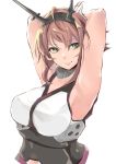  1girl armpits arms_behind_head breasts brown_hair collar collarbone endou_(zettai_bluenoid) gloves green_eyes headgear highres kantai_collection large_breasts looking_at_viewer messy_hair metal_collar midriff mutsu_(kantai_collection) pink_lips short_hair sideboob sidelocks simple_background sketch smile solo upper_body white_background white_gloves 